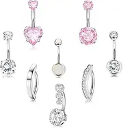 [YNAAIAA] 14G Belly Button Rings, Stainless Steel Diamond Belly Rings For Women, Belly Button Rings Hoop Cilcker, Pink Heart CZ Navel Piercings Pack Silver/Gold