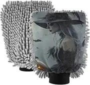 XYMZR Myth Witch Crow Moon Absorbent Microfiber Car Wash Mitt, Funny Cute Anime Scratch Free for Cars Cleaning, Home Cleaning Mitts, 2 Pack, 10.24” L x 7.09” W