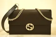 Gucci New Interlocking Chain Wallet Black Leather Cross Body Bag