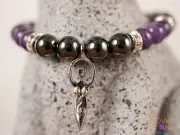 AMETHYST & HEMATITE Crystal Bracelet, Goddess Charm, Round Beads, Jewelry, E1975