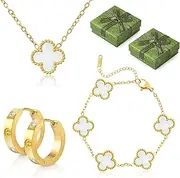 [Ouxayapl] 18K Gold-Plated Four Leaf Clover Bracelet, 18K Gold Plated Four Leaf Clover Pendant Necklace, 18K Earrings Gold Cubic Zirconia Stud Earrings, 3 Piece Jewellery Set for Birthday Gifts