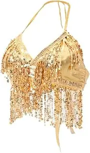 [Eigell] Belly Dance Costume Bra Halter Top Sequined Performance Outfits, Gold, as described