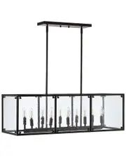 JONATHAN Y Paysan 35in Linear 10-Light Adjustable Iron/Seeded Glass Rustic Farmhouse LED Pendant