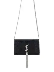 Saint Laurent Kate Chain Wallet with Leather Tassel in Crocodile-Embossed Leather