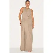 Plus Mushroom Floaty Woven Cowl Neck Low Back Maxi Dress, Mushroom