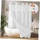 No Hooks Shower Curtain with Snap-in Liner, White Boho Fabric Tufted Chevron