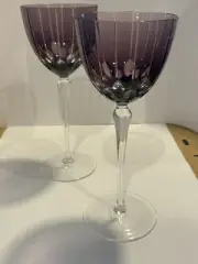 SET 2- Murano Crystal Wine Glasses Amethyst Purple Purchased Italy Artist Signed