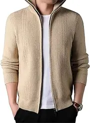 [Qolkmuiy-GJ] Mens Casual Zip Up Open Sweater Textured Knit Ribbed Chunky Cardigan Stand Collar Mid Length Knitted Jacket, Beige, XXL