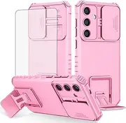 [Asuwish] Phone Case for Samsung Galaxy S24 5G with Tempered Glass Screen Protector and Slide Camera Cover Kickstand Stand Slim Protective Mobile Hard Cell Accessories S 24 24S GS24 G5 Women Men Pink