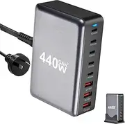 USB C Charger Block 440W 8 Port GaN3 Fast Charging Station Compatible with Laptop,foripad, iPhone 16/15/14/13/12/11 Pro Max Fast Charger Pixel Note MacBook Pro/Air USB C Charger for Android (Black)