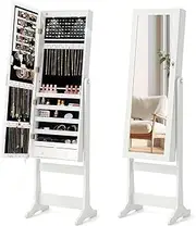 Giantex Freestanding Jewelry Cabinet, Lockable Jewelry Armoire w/Full-Length Mirror & LED Lights, 4 Tilt Angle Adjustable Floor Jewelry Storage Organizer w/Hooks, Shelves & Drawers, White