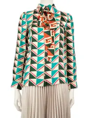 Abstract Print Silk Blouse with Neck Tie