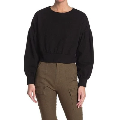 Abound Womens Cozy Crew Neck Puffed Sleeve Cropped Sweatshirt in Black Large