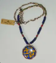 Patricia Nash Positano Round Italian Tile Beaded Pendant Blue Yellow Necklace
