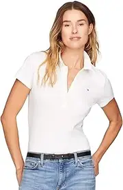 [Tommy Hilfiger] Women's Slim Fit Stretch Cotton Mesh Polo Shirt, White, XL
