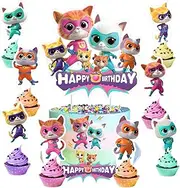 25pcs Super Cats Birthday Decorations with 24pcs Cupcake Toppers, 1pcs Cake Topper for Kitties Birthday Party Supplies