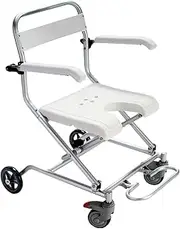 Wheel Chair Shower Bath Stool Foldable with Wheels for Elderly and Disabled, Shower Stool with Flip-up Arms and Ergonomic Back - Wheelchair + Shower Chair Two in One