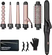 R&B Zone Professional 6-in-1 Hair Curling Set - Ceramic Wand, Flat Iron Hair Straightener,& 6 Interchangeable Barrels (9-32mm), Heat Protection Glove with Au Plug