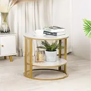 Marble Top Side Table Gold: 2 Tier Round Small Coffee Tables 55 x 51.2cm Sintered Stone Bedsides with Metal Golden Legs Minimalist Design White Nightstand Circular Sofa Corner Table Accent Furniture