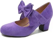 [fereshte] Womens Bowknot Heels Bow Mary Jane Shoes Closed Toe Chunky Low Block Heel Dress Pumps