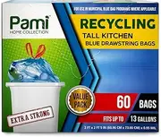 PAMI Recycling Tall 13-Gallon Kitchen Drawstring Trash Bags- Extra-Strong Plastic Garbage Bags [Blue 60 Pack]- Thick Trash Can Liners For Kitchen & Outdoor Bins- 2ft x2ft Unscented Trash Bags