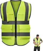 [Senshuomy] Hi-Vis Vest Waistcoat, High Visibility Sleeveless Waistcoat for Women Men High Visibility Reflective Safety Security Vest with Pockets Zipper Front Meets ANSI/ISEA Standards, Green, X-Large