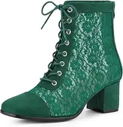 [Perphy] Square Toe Lace Up Floral Lace Block Heels Ankle Boots for Women