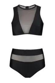 Boohoo Venezuela Mesh Insert High Waist Bikini ~Black ~ Sz US-6 ~ NWT