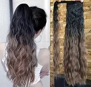 Curly Wrap around Ponytail Black Brown Ombre Hair Extensions 24 inches Long Hairpiece for Women Girl Gift (24 Inch (Pack of 1), Curly- Black+chocolate brown)