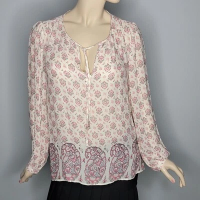 Lucky Brand Women Peasant Pink and Ivory Floral Long Sleeve Top Blouse Size L