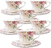 [TATSUMI] Country Roses 18 Peices Bone China Tea Cup And Saucer Set, English Vintage Tea Cups Of 6 For Women And Tea Party Sets(Pink,6 sets)