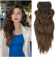 Clip in Synthetic Hair Extensions Long Wavy 6PCS Thick Hairpieces Natural Wavy Brown Hair Piece Double Weft Natural Hair Extensions 22Inch for Women