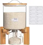 5L Glass Rice Dispenser, Flour Cereal Container with Bamboo Stand, Large Airtight Food Storage Bin, Rice Organization Tank with Measuring Cup