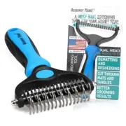 Pet Grooming Rake - Double-Sided Dematting Undercoat Brush for Dogs Large Blue