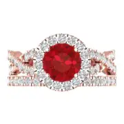 2.40 ct Round Cut Halo Tourmaline Gem Promise Bridal Ring Band set 14k Rose Gold