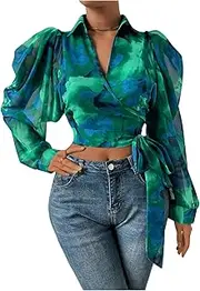 [Floerns] Women's Boho Floral Print Lantern Sleeve Blouses V Neck Side Knot Wrap Crop Tops