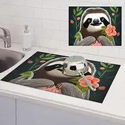 Cute Sloth Dish Drying Mats for Kitchen Counter, Absorbent Microfiber Kitchen Dishes Drainer Mat Large Dish Drying Pad with Hook Coffee Mat Kitchen Accessories 18x24 Inch