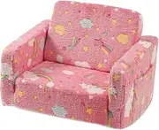 yuksok Kids Sofa Convertible Sofa to Lounger,Comfy 2 in 1 Soft Glow in The Dark Cartoon Fold Out Couch Chair for Living Room Nursery, Pink Rainbow Cloud