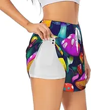 [WURTON] Bright Mushroom Art Print Exercise Gym Workout Shorts Women Athletic Shorts Double Layer Yoga Running Shorts
