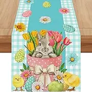 Linen Blue and White Buffalo Check Plaid Easter Table Runner 72 Inches Long Easter Egg Bunny Chick Daisy Tulip Floral Table Decor Spring Summer Easter Home Kitchen Dining Room Table Decorations