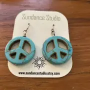 Sundance Studio Handcrafted Peace Sign Symbol Turquoise Drop Earrings