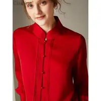 在飛比找ETMall東森購物網優惠-紅色長袖中式上衣重磅真絲襯衫