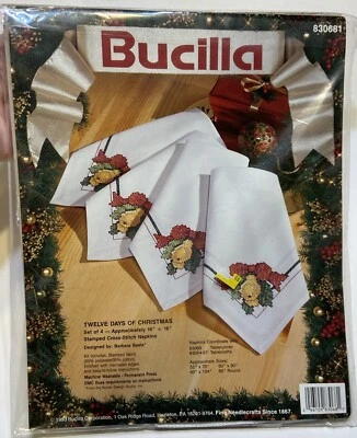 Bucilla Cross Stitch Kit Twelve Days of Christmas 4 Napkins 830681 Vintage NOS
