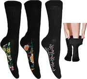 Ladies extra Wide Diabetic Floral Design Socks 3 Pairs, Black, 4-8 Plus