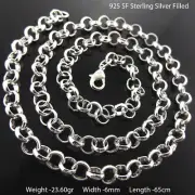 Necklace Real 925 Sterling Silver Filled Solid 6mm Rolo Belcher Chain 65cm