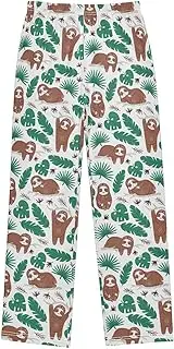 [ZZXXB] Sloth Palm Leaf Print Boys Long Pants Soft Trousers Elastic Waist Kids Lounge Bottoms with Pockets S-XL