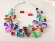 Multi Layer Glass Shell Beaded Necklace Earrings Set