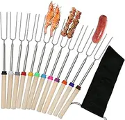 12 Pack U-Shape Marshmallow Toasting Kit, Extendable Stainless Steel Roasting Sticks with Canvas Pouch, Wooden Handle Hot Dog Skewers Toasting Fork for Camping, Picnic, Fire Pit, BBQ, Campfire Party