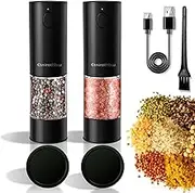 Etnirothbw Electric Salt and Pepper Grinder Set, 2 Pack Automatic One-Handed Operation Pepper Mills Rechargeable, Auto Pepper Shakers with Dust Caps, 5 Adjustable Coarsenesses, LED Light, USB Charging