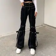 Contrast Stitch Boot Cut Jeans with Tonal Leg Straps Black - M